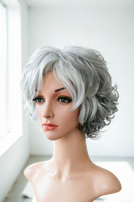 Grandma Wig Old Lady Wig Short Silver Gray Layered Pixie Cut Wig with Bangs Soft