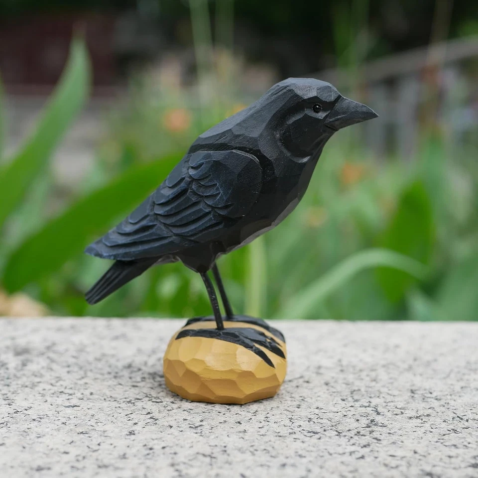 Estatuilla de cuervo de madera decoración de cuervo negro pequeños animales estatuas talla escultura  Foto 2 de 4