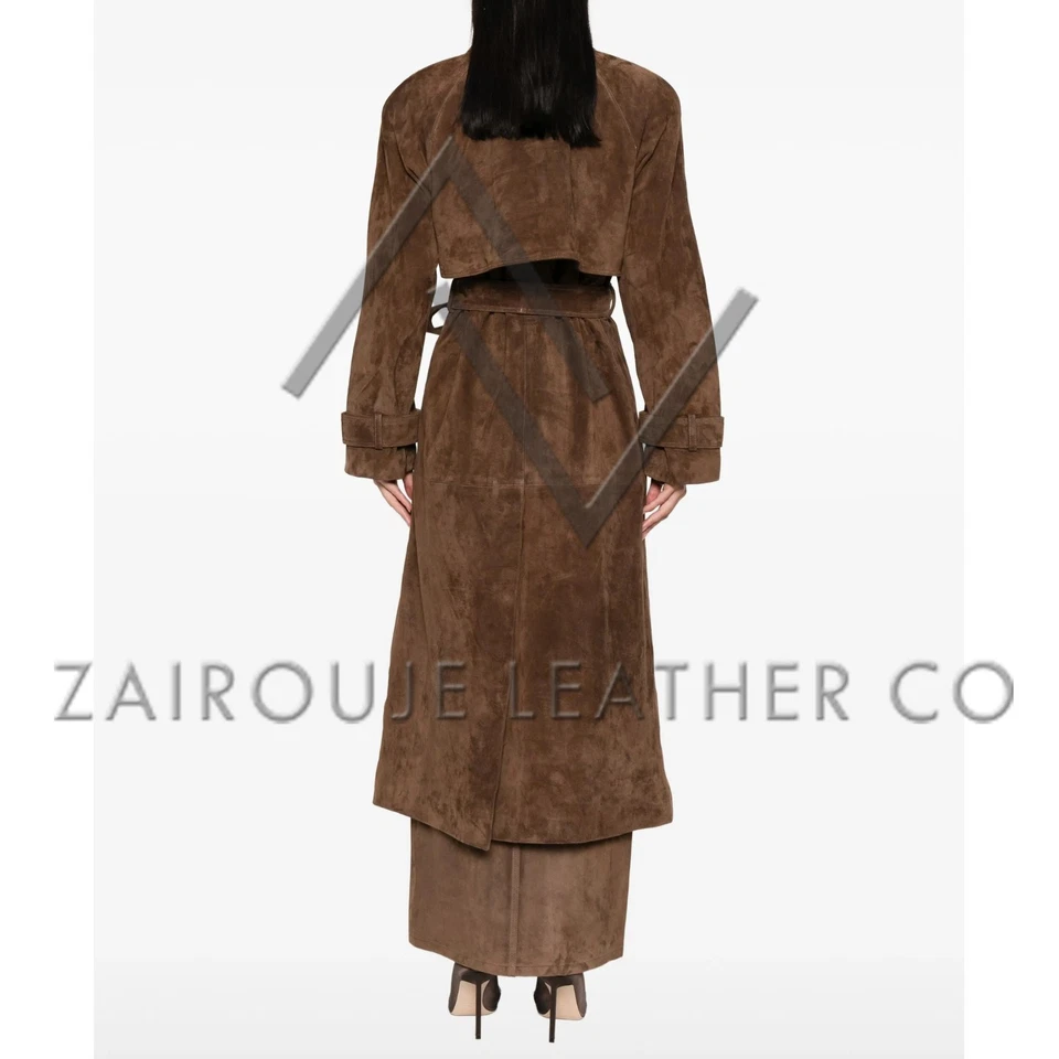 Gabardina de gamuza marrón para mujer, ropa exterior larga con cinturón de cuero real dinero antiguo Foto 4 de 4