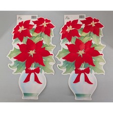 2 Vintage Die Cut Flocked Christmas Poinsettia Double Sided NOS