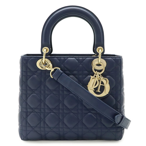Christian Dior Lady Dior Shoulder Bag Check Leather Navy Unisex #BLB359