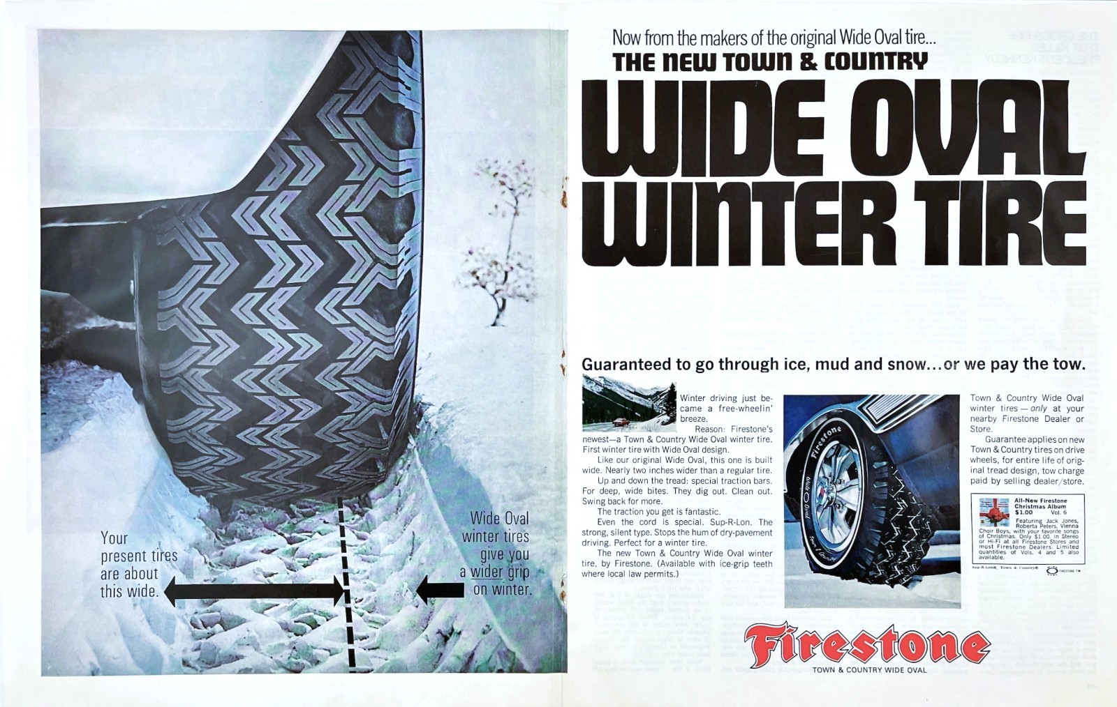 Firestone Town & Country Wide Oval Winter Snow Tire Ad 1964 Vintage Mag Print Ad