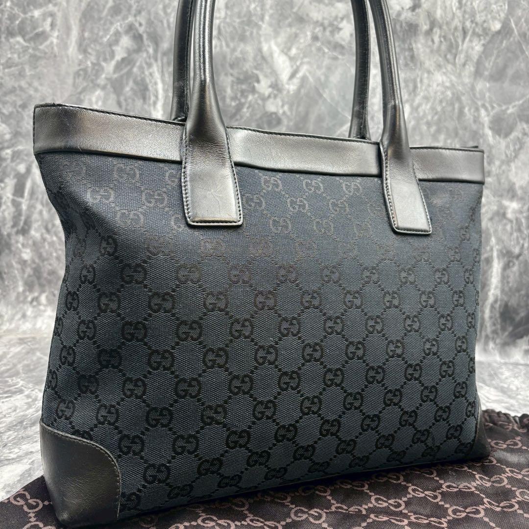 GUCCI GG Leather Tote Bag Black Vintage Authentic Large Canvas Handbag