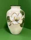 Vtg Ceramic Vase HandPainted Floral Ivory Green Yellow Milk Glass Gloss Art 6.5”