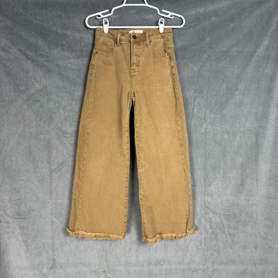 Risen Women's Denim Brown Mocha Wide Leg Tummy control Crop Raw Hem Preppy 3/26
