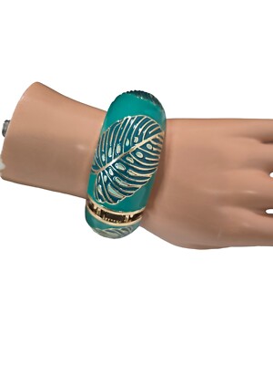 Sequin Women's Statement Monstera Wide Bangle Bracelet Gold Tone ,Green Enamel