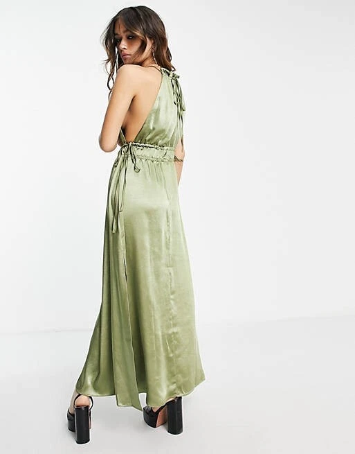 Topshop Khaki Green Satin Halter Long Dress New 8 eBay