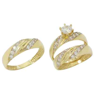 10k Yellow Gold Over 2CT Trio His/Her Lab Created Diamond Wedding Band Ring Set