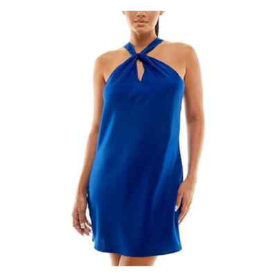 JOLT Blue Lined Tie Pullover Cutout Sleeveless Halter Short Party Sheath Dress