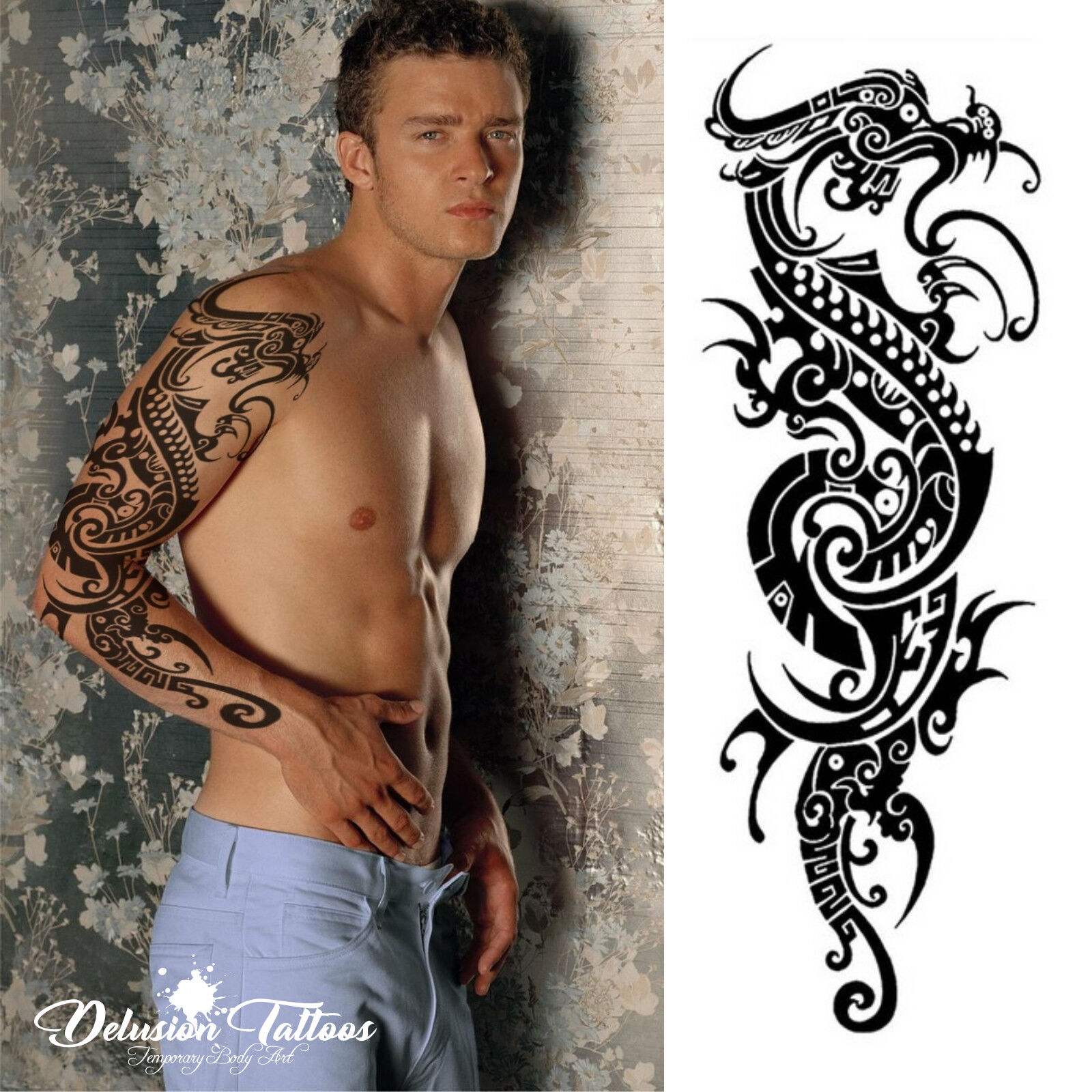 Realistic photo of a dragon tattoo on a man's arm