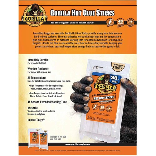 Gorilla Hot Glue Sticks Clear 4inch Mini 30 Count For High/Low Temp