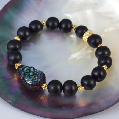 6.25 in Bracelet Ebony, Abalone Snake Head Bead Gold Vermeil Sterling Silver 16g