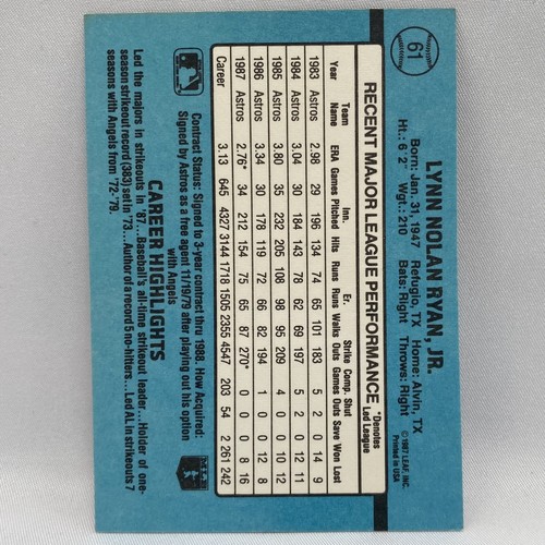 1988 Donruss #61 Nolan Ryan Houston Astros Baseball Card Hall of Fame - Picture 2 of 2