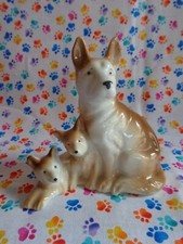Vintage German Shepherd Figurine Mom  Pups Brown  White Porcelain Retro Japan