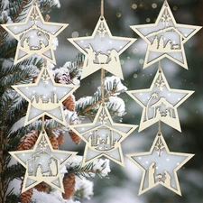 Bucherry 8 Pcs Christmas Nativity Scene Ornaments Wood Christmas Hanging Orna...