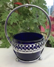 Marmalade/condiments dish, round with handle, cobalt blue in metal casing