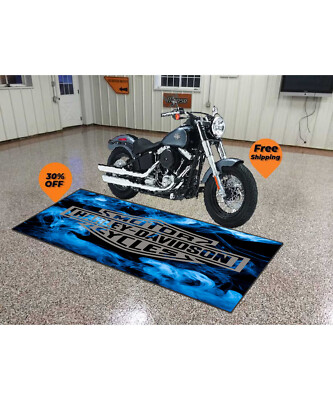 Legendary Motorcycle, Blue Style Harley Davidson Motorcycle Mat for Decor Garage