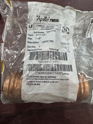Apollo Press 1-1/2  Tee Copper 10017743 NEW 1.5 Inch Brand New Lot Of 2 