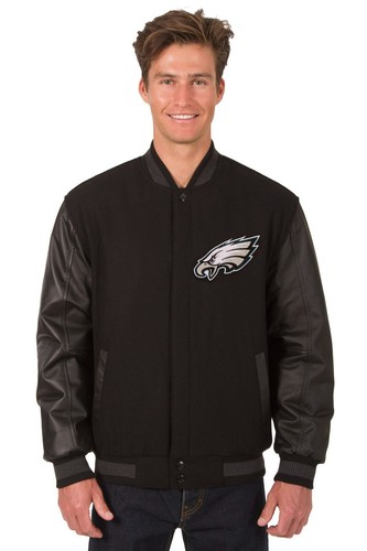 Chaqueta reversible de cuero de lana de los Philadelphia Eagles de la NFL parche logotipos negra JH - Imagen 3 de 6