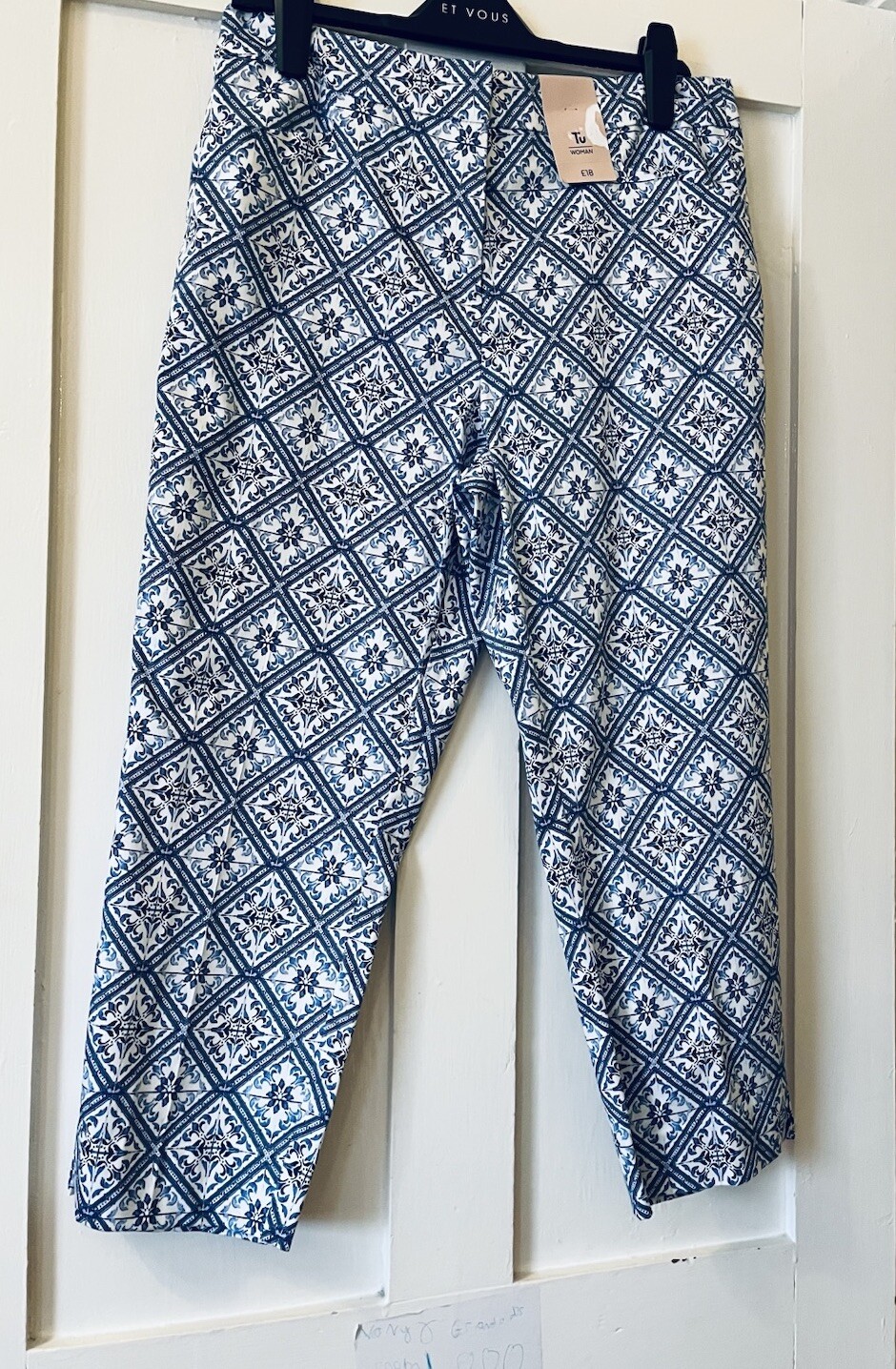 BNWT TU Blue & White Riviera Tile Print Stretch Canvas Trousers UK14 L22