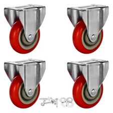 4 Pack 4" Rigid Fixed Polyurethane Red Non Swivel Caster Wheels w/ Hardware