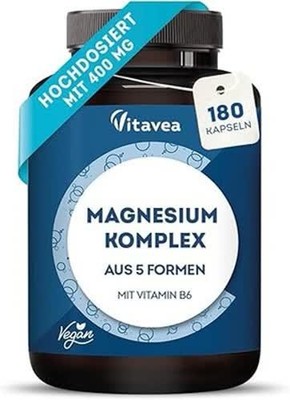Magnesium Komplex 180 Stk, 400mg elemtares Mg, 5 Formen+Vit B6, Vegan