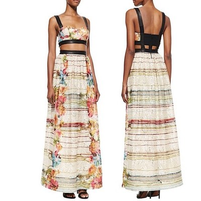 Alice + Olivia ''Sveva'' Floral Lace Bustier Cut-out Maxi Dress W/Leather Straps 8