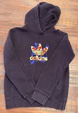 Adidas Kids Hoodie 9-10Y Black Trefoil Logo Graphic Pullover Sweatshirt