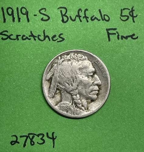 1919-S Buffalo 🦬 Indian Head Nickel 5c Fine Scratches