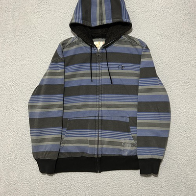 #ad VTG Ocean Pacific Hoodie Mens 2XL Gray Blue Striped Sherpa Lined Full Zip Y2K $38.00