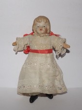 Vintage Porcelain Head Legs Wood Hands Stuffed Body Doll 6 1/2"