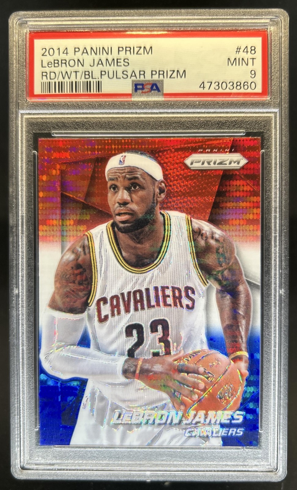 2014-15 Panini Prizm LeBron James Prizm Red White and Blue Pulsar #48 PSA 9