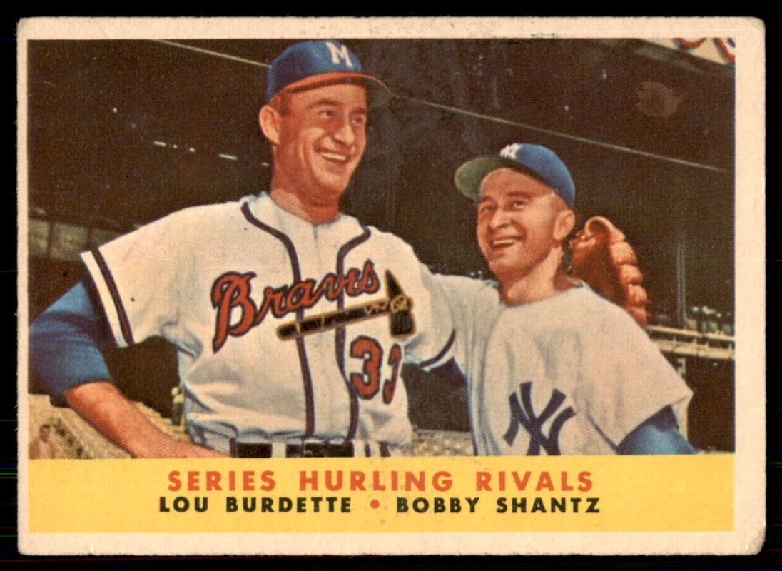 1958 Topps #289 Series Hurling Rivals (Lew Burdette / Bobby Shantz)