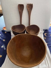 Vtg Teak Wood Salad Fruit Bread Serving Bowl set of 5 with 2 spoons Genuine Teak