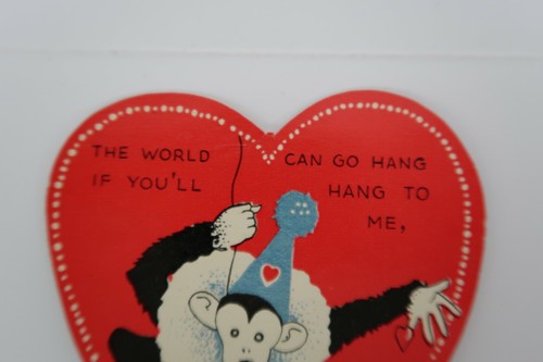 Vintage 1937 Valentines Day card heart shape circus monkey hang with me... - Imagen 2 de 4