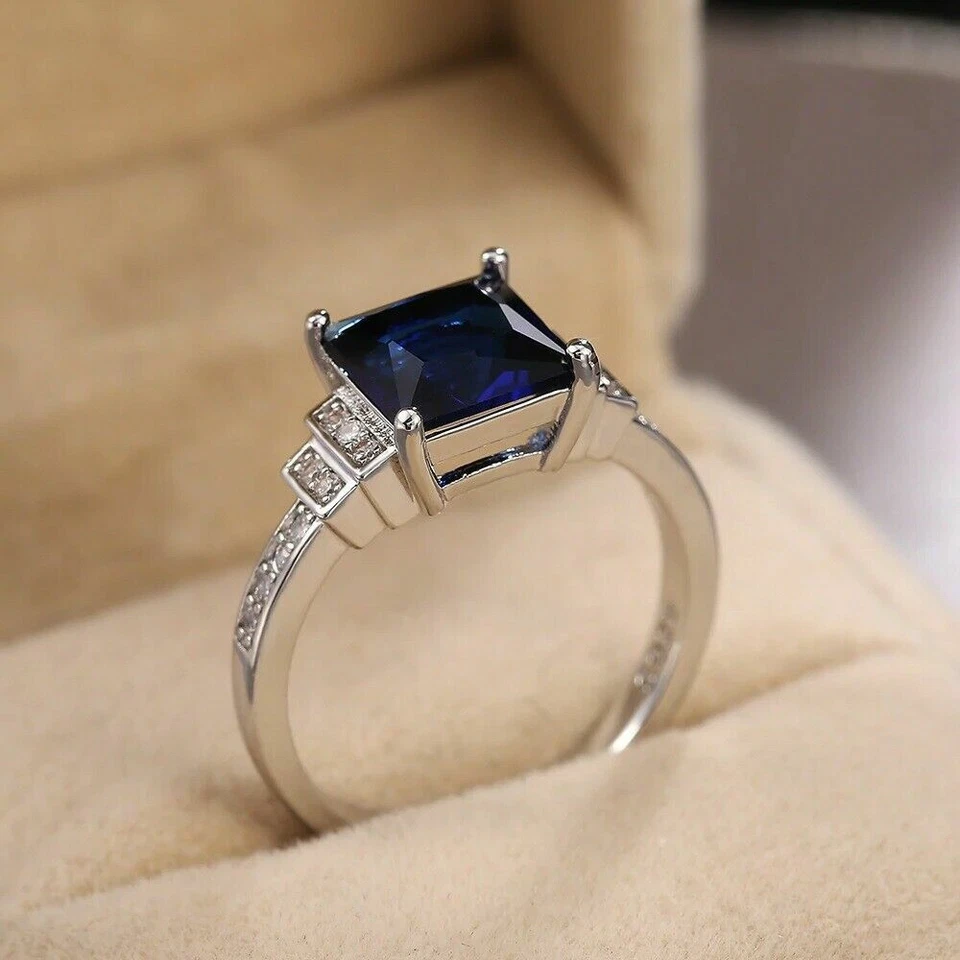 3.00Ct Princess Cut Blue Diamond Engagement Ring 14K White Gold Plated Simulated - Image 2 of 4