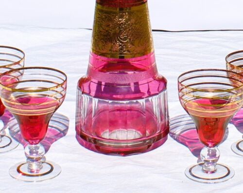 19th Century Moser Gilded Cranberry to Clear Decanter with Goblets - Picture 4 of 10