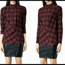 ALLSAINTS KAYLA SHIRT Crossover Burgundy Black Plaid Button Cotton Top Sz 6 EUC