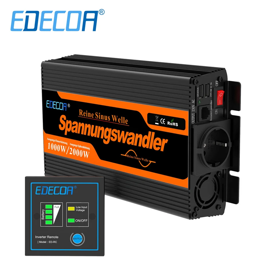 EDECOA Inversor 12V 220V ONDA PURA 1000W Convertidor Inverter 2.1A USB - Imagen 1 de 4