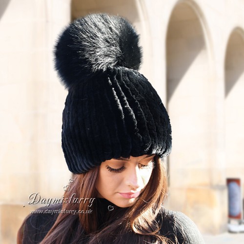 Rex Rabbit Fur Beanie Hat With Fox Fur 