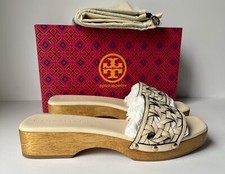 Tory Burch 298 Basket Weave Leather Open-Toe Clogs Sandals New Cream US 9.5 M