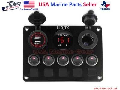 Boat Marine RV Camper 5 Gang Rocker Toggle Switch Panel USB Waterproof Red LED