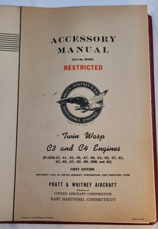 Pratt & Whitney Twin Wasp C3 C4 Motores Revisión Manual Accesorios 1944 1ª Edición Foto 2 de 4