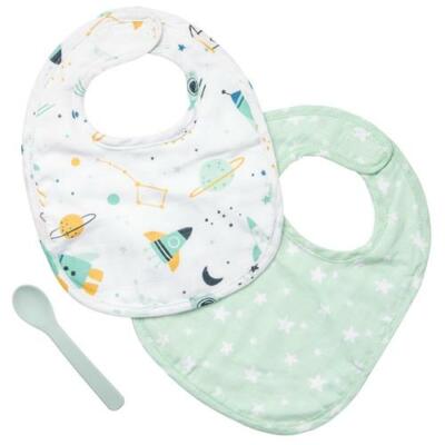 Space Ships Rockets Muslin/Cotton Bibs (2) w/Silicone Spoon Stephen Joseph Boy