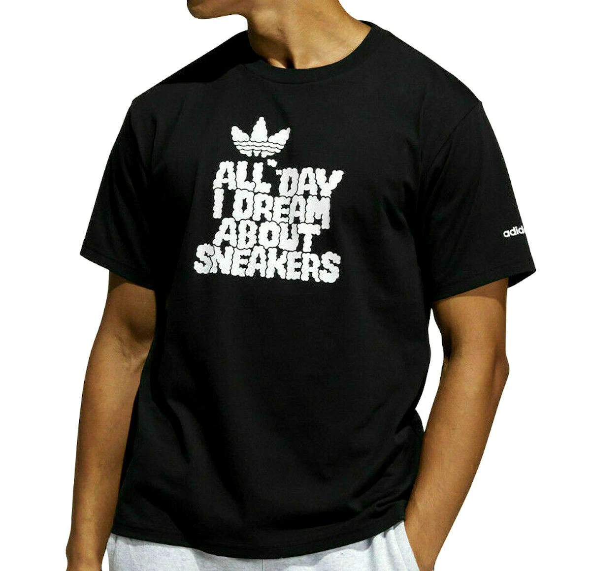 ADIDAS All Day I Dream About Sneakers T-Shirt sz L Large Black White Clouds