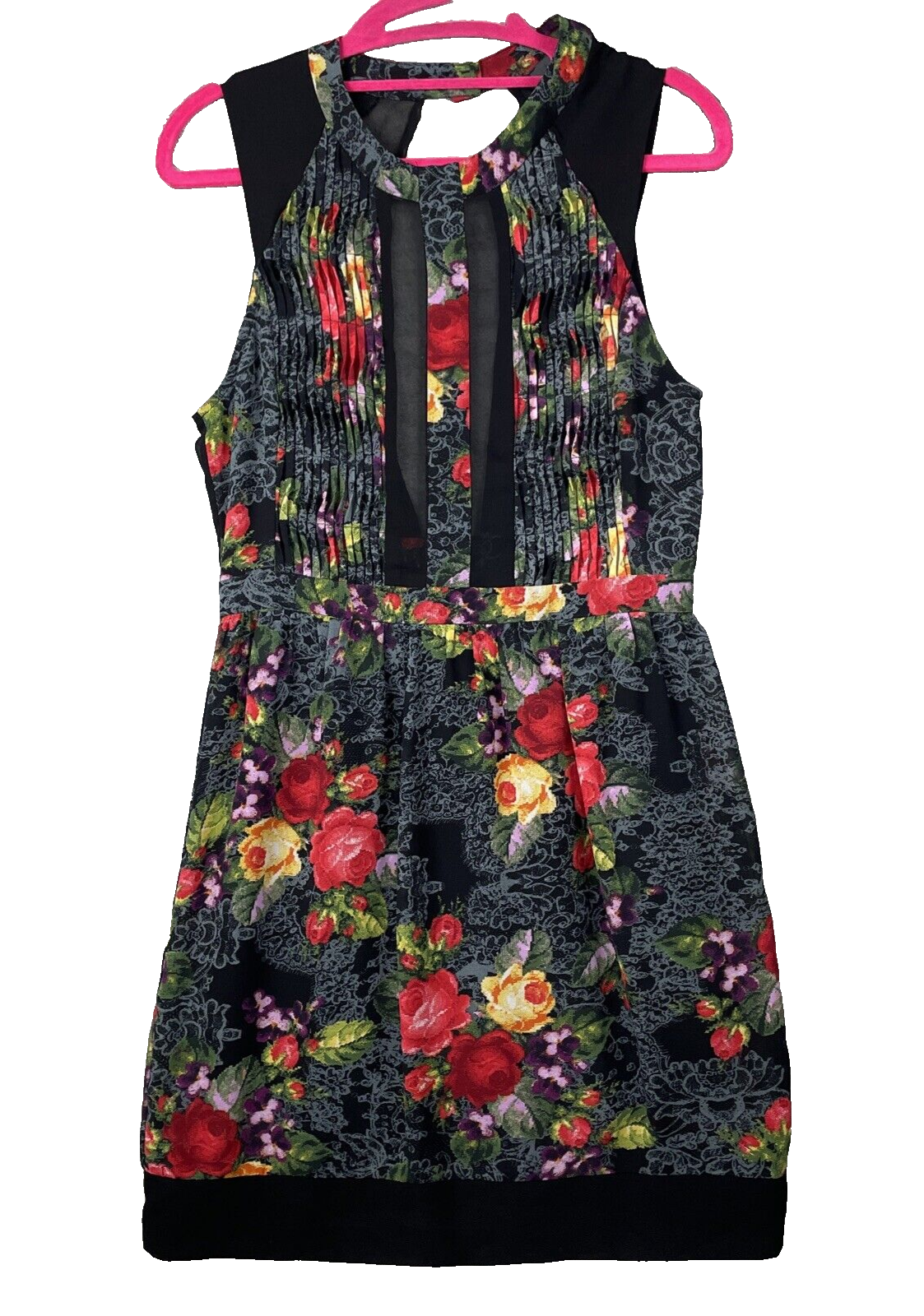 ASTR Dress Small Black Floral Pintucks Semi Sheer Bust Sleeveless Open Back