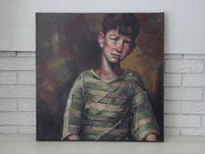 “GREEN STRIPE BOY“ by Donna Corno Original Oil Signed / W23.25” x H23.25”Gallery