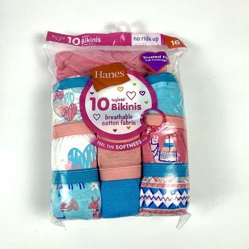 Hanes 10 Tagless Bikinis Girls Sz 16 Llama Pink Blue Hearts - Picture 9 of 10