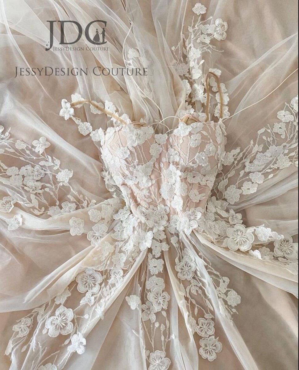 Bohemian Champagne Ivory 3D Flowers Wedding Dress Bridal Gown