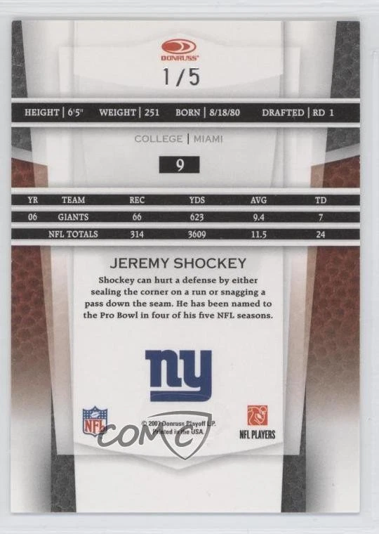 2007 Leaf Certified Materials Mirror Emerald /5 Jeremy Shockey #9 - Image 2 of 2